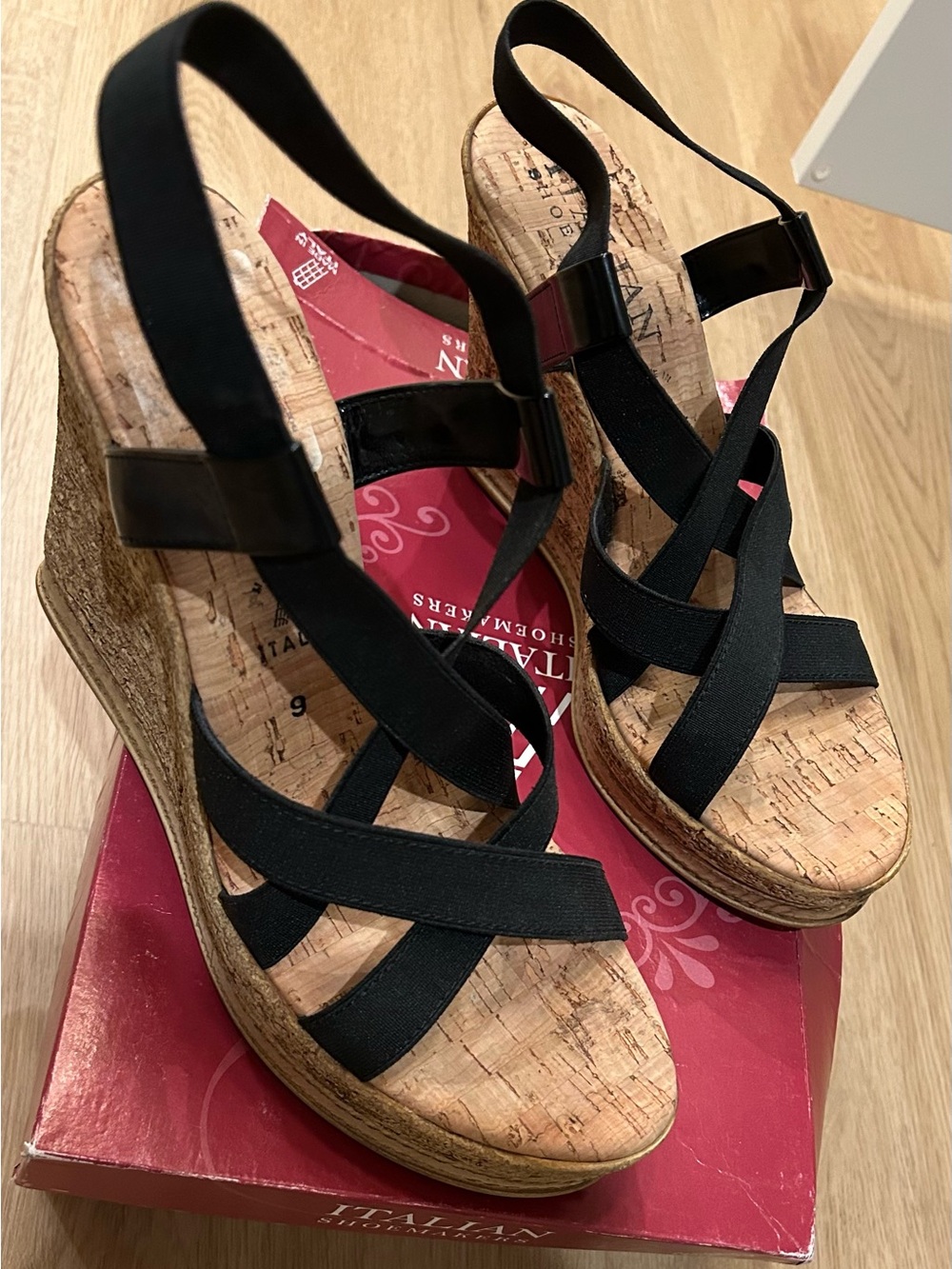 Italian Shoemakers Black Strappy Cork Wedge Sandals